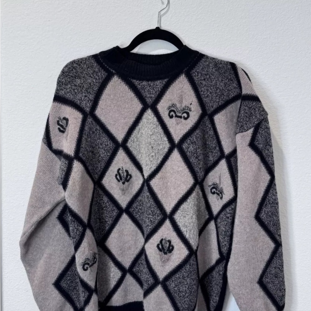 Vintage Jeanne Pierre Argyle Sweater with Embroidered Accents Lambswool M Brown